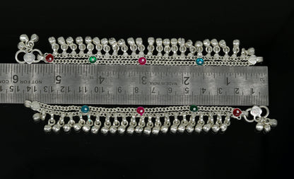 Sterling silver newborn baby ankle bracelet with hanging noisy bells, handmade and customized, by Tribal Ornaments.