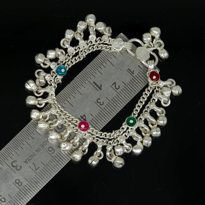 Sterling silver handmade baby ankle bracelet with hanging noisy bells, customized newborn jewelry by Tribal Ornaments.