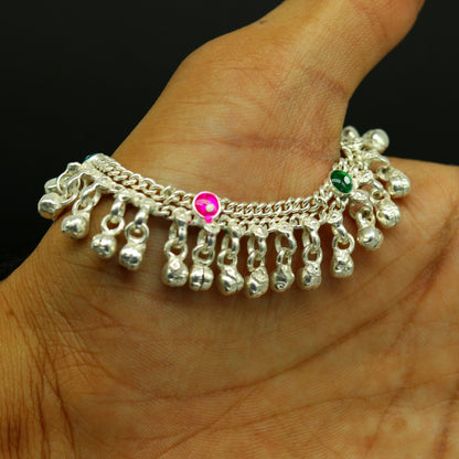 Sterling silver handmade newborn baby ankle bracelet with hanging noisy bells, customized jewelry by Tribal Ornaments.