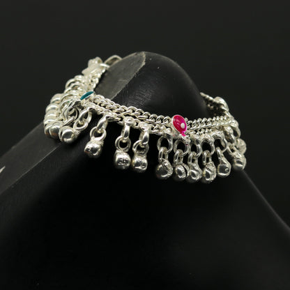 Sterling silver handmade newborn baby ankle bracelet with hanging noisy bells, customized jewelry by Tribal Ornaments.