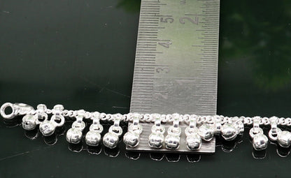 Sterling silver vintage-style baby anklet with waved hanging bells, handmade tribal design, 5.5 inches long, charming ankle jewelry