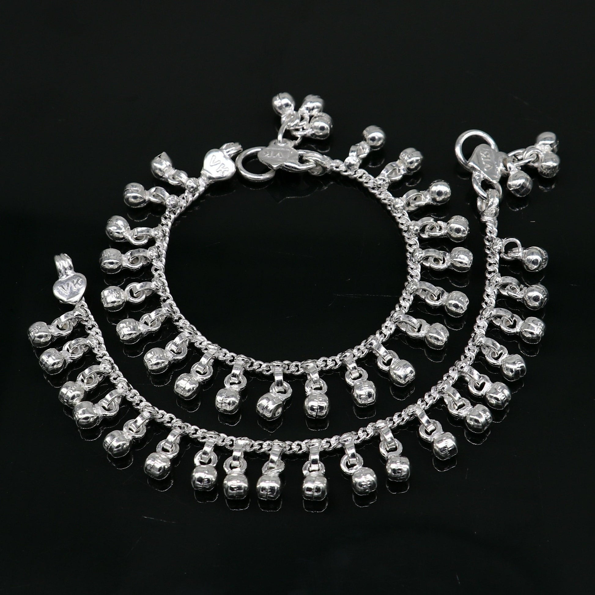 5.5" long Vintage design sterling silver handmade amazing waved noisy hanging drops bells baby anklet, ankle bracelet, charm bracelet ank428 - TRIBAL ORNAMENTS