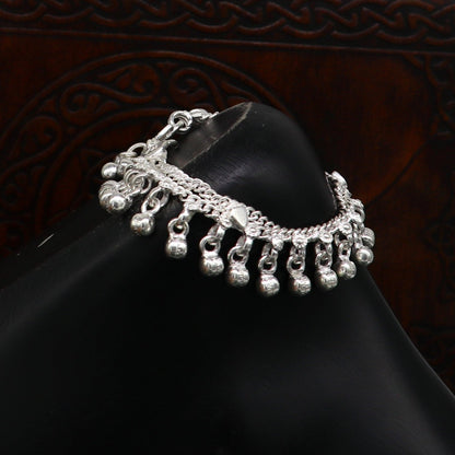 Handmade 5.5-inch pure sterling silver jingling anklets for babies, tribal-style kids jewelry from India with intricate design details.
