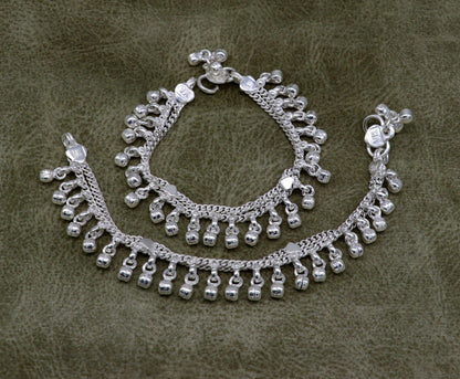 Sterling silver handmade jingling anklet for babies, tribal ornaments brand, with small bells and intricate design, perfect for kids' jewelry.