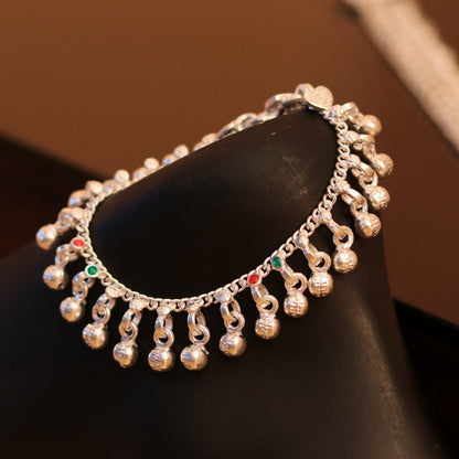 Sterling silver handmade ankle bracelet with charms, tribal design, from Rajasthan India, featuring noisy sound charms, baby anklet jewelry.