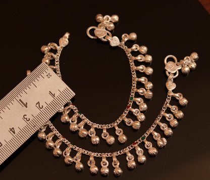 Handmade 5.5-inch sterling silver baby ankle bracelet with noisy sound charm, from Rajasthan India, by TRIBAL ORNAMENTS.