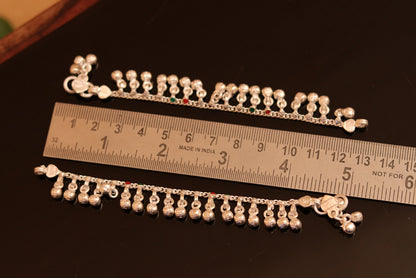 Handmade 5.5-inch sterling silver ankle bracelet with noisy sound charm, tribal jewelry from Rajasthan India, designed for babies.