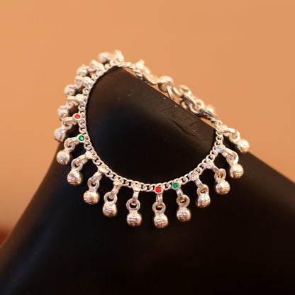 Sterling silver handmade ankle bracelet with noisy sound charm, from Rajasthan India, designed for babies, by TRIBAL ORNAMENTS.