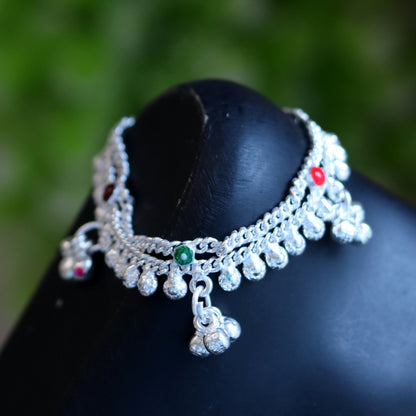Sterling silver handmade baby kids ankle bracelet with noisy sound bells and customized charm, tribal jewelry for kids and belly dance.