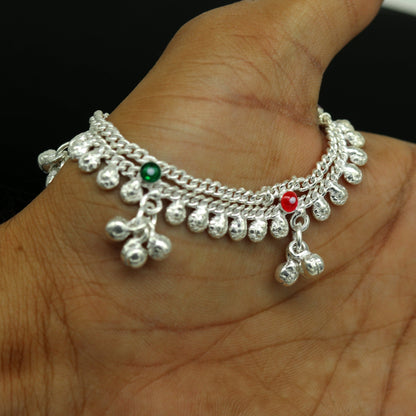 Sterling silver handmade baby anklet with noisy sound charm, personalized and customized ankle bracelet from TRIBAL ORNAMENTS