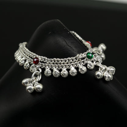 Sterling silver handmade ankle bracelet with noisy sound charm, personalized baby anklet, 5.6 inches, by TRIBAL ORNAMENTS.