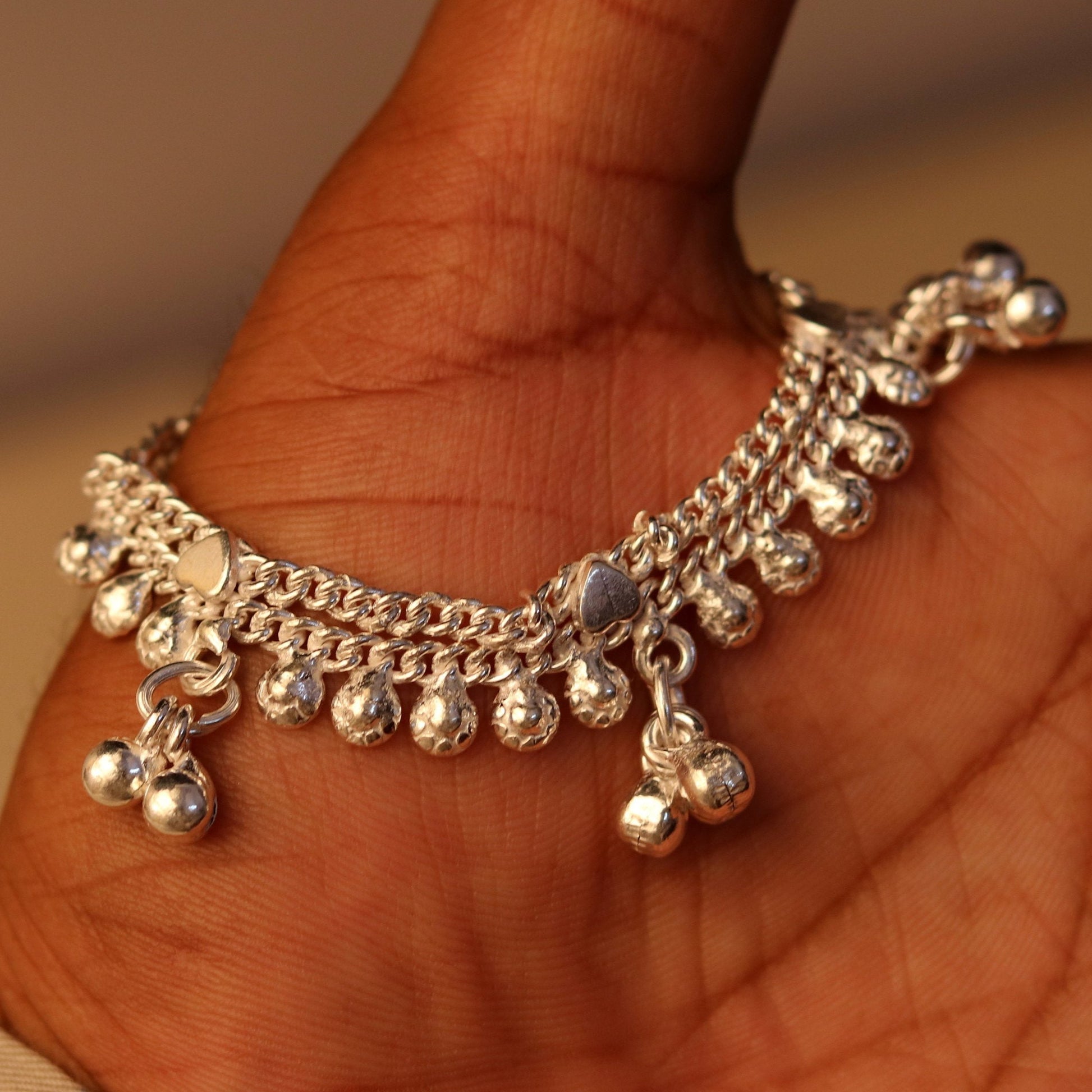 5.7"  handmade sterling silver baby anklet charm ankle bracelet, fabulous hanging noisy bells, excellent unisex baby foot bracelet ank157 - TRIBAL ORNAMENTS