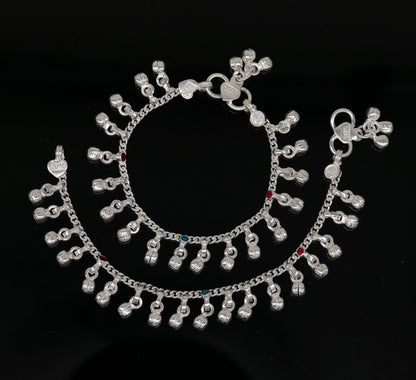 5.8" Inches long sterling silver handmade gorgeous charm baby anklets, excellent hanging noisy bells kids customized kids jewelry ank241 - TRIBAL ORNAMENTS