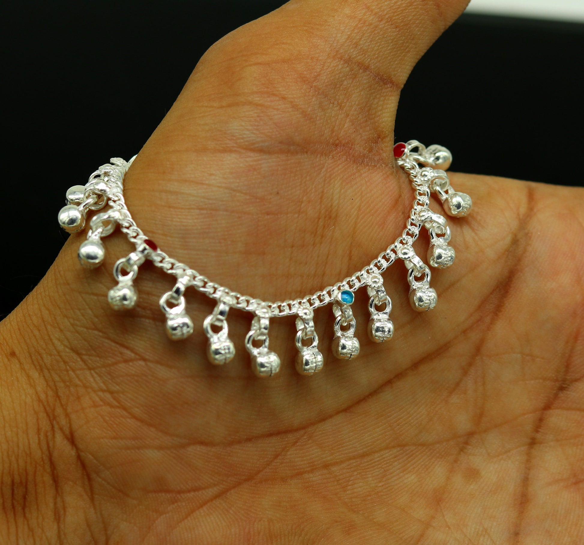 5.8" Inches long sterling silver handmade gorgeous charm baby anklets, excellent hanging noisy bells kids customized kids jewelry ank241 - TRIBAL ORNAMENTS