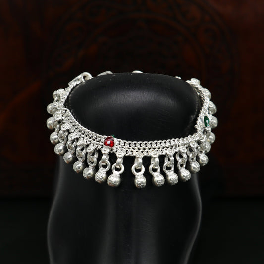 5" handmade solid sterling silver waved jingling bells noisy anklets, excellent gifting baby foot bracelet charm kids jewelry ank362 - TRIBAL ORNAMENTS