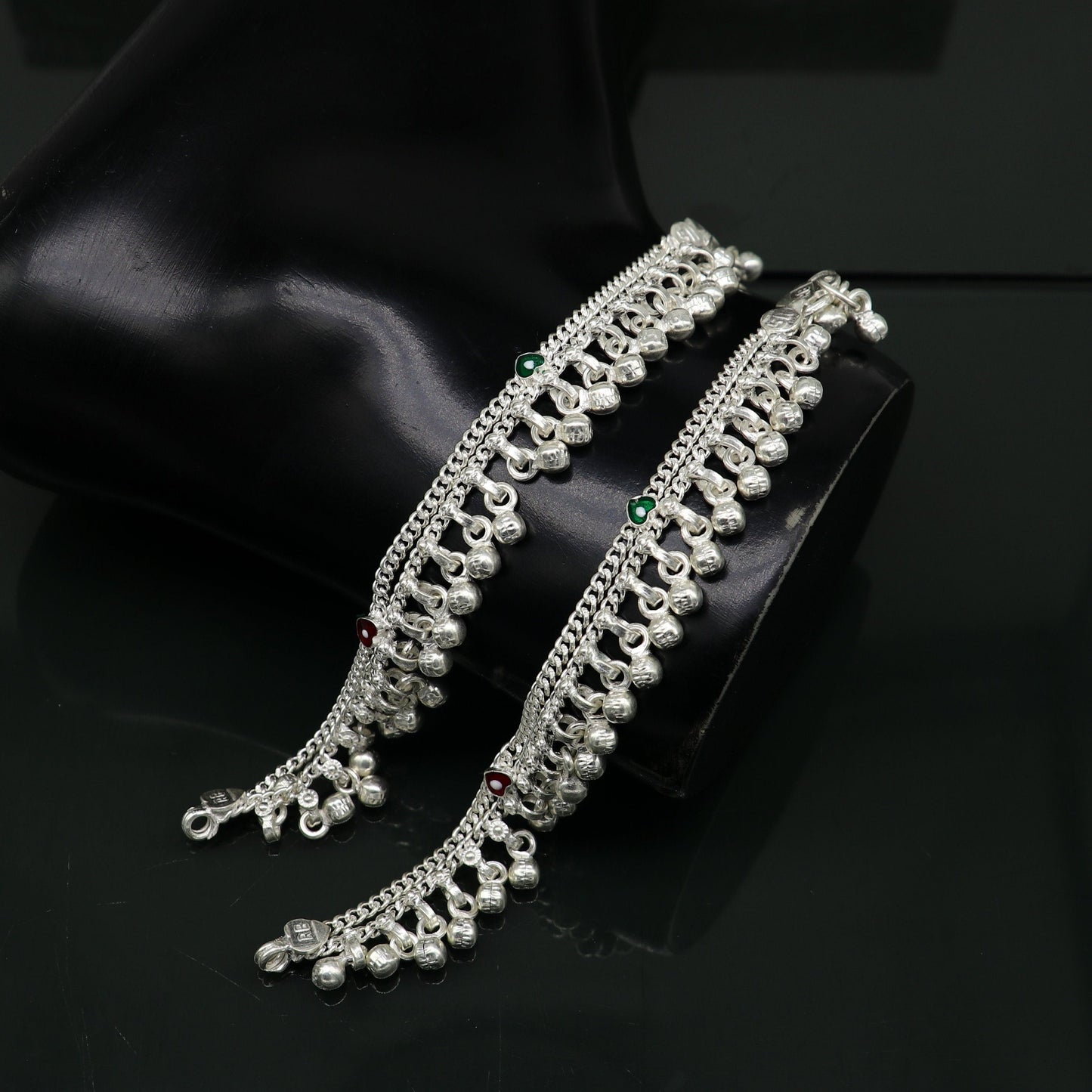 5" handmade solid sterling silver waved jingling bells noisy anklets, excellent gifting baby foot bracelet charm kids jewelry ank362 - TRIBAL ORNAMENTS