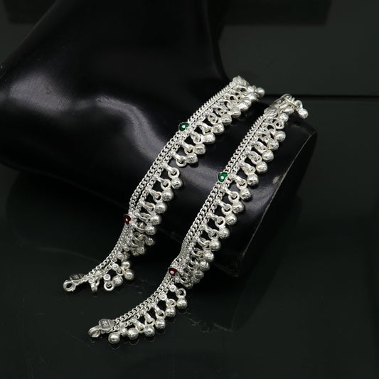 5" handmade solid sterling silver waved jingling bells noisy anklets, excellent gifting baby foot bracelet charm kids jewelry ank362 - TRIBAL ORNAMENTS