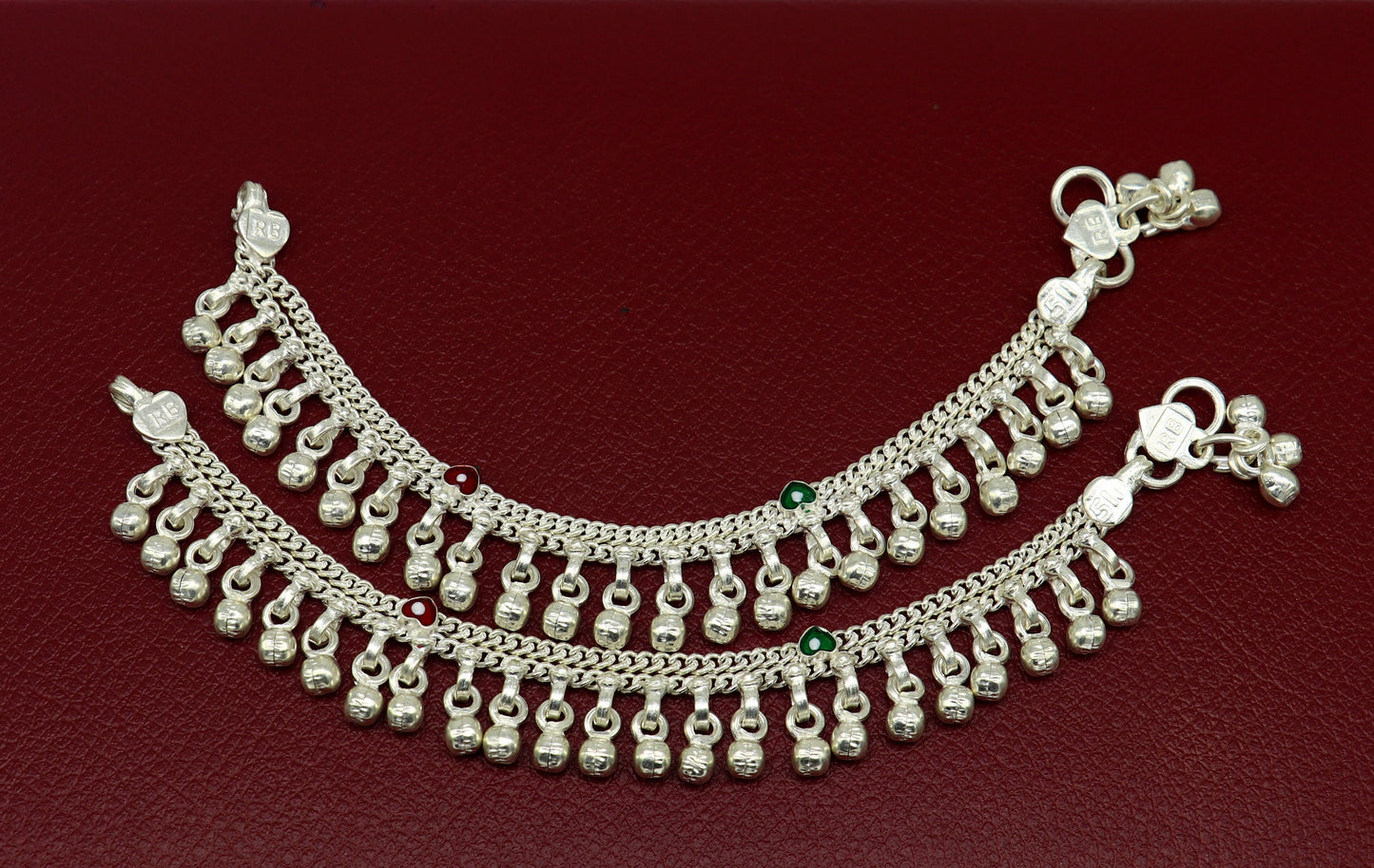 5" handmade solid sterling silver waved jingling bells noisy anklets, excellent gifting baby foot bracelet charm kids jewelry ank362 - TRIBAL ORNAMENTS