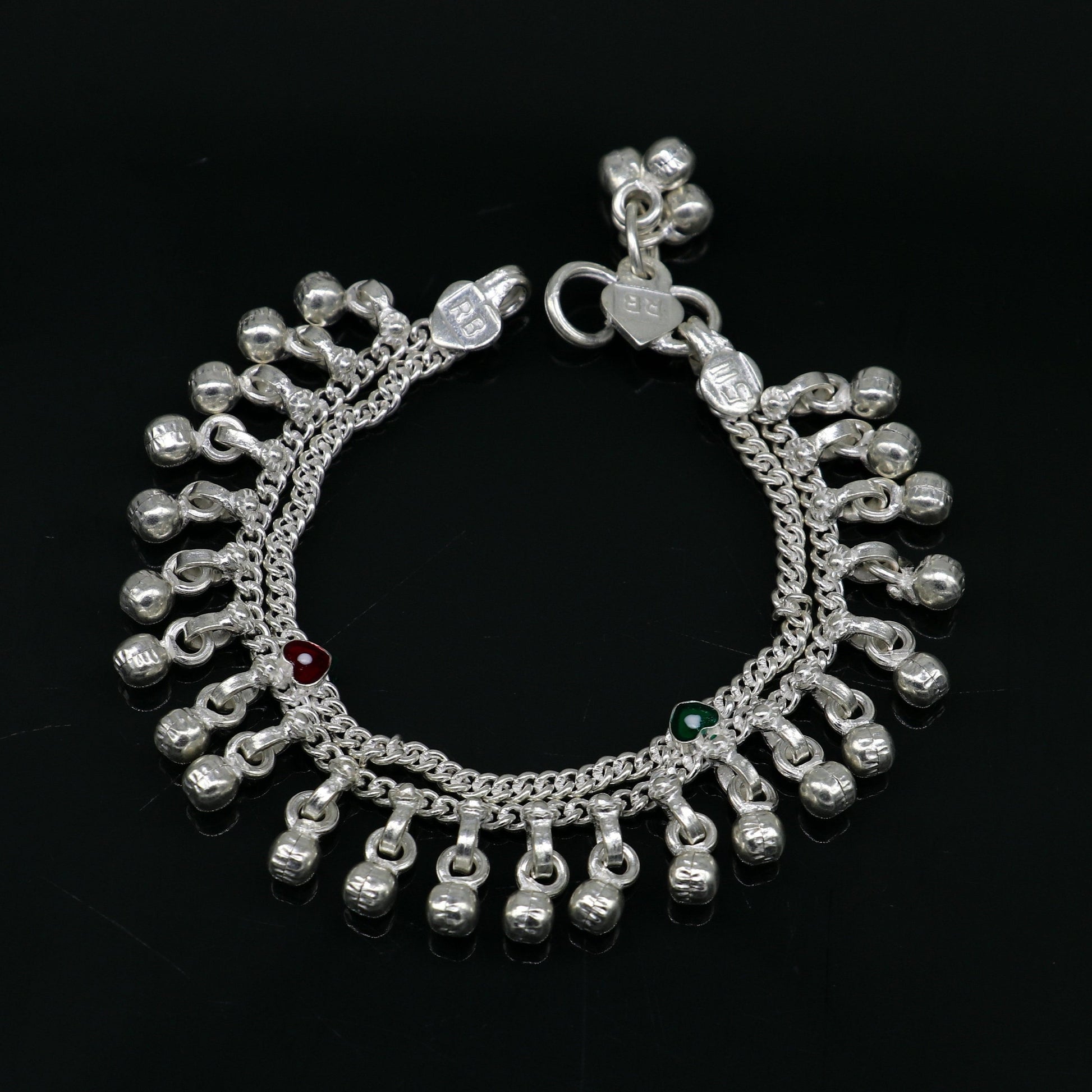 5" handmade solid sterling silver waved jingling bells noisy anklets, excellent gifting baby foot bracelet charm kids jewelry ank362 - TRIBAL ORNAMENTS