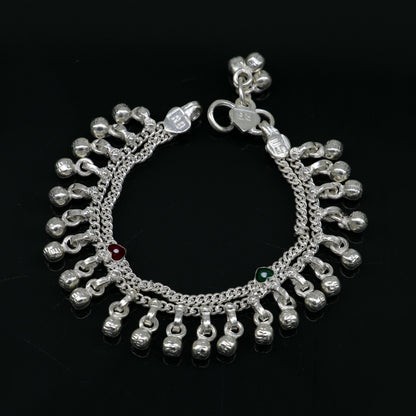 Handmade sterling silver anklet with five waved jingling bells, suitable for kids' jewelry and baby foot accessories.