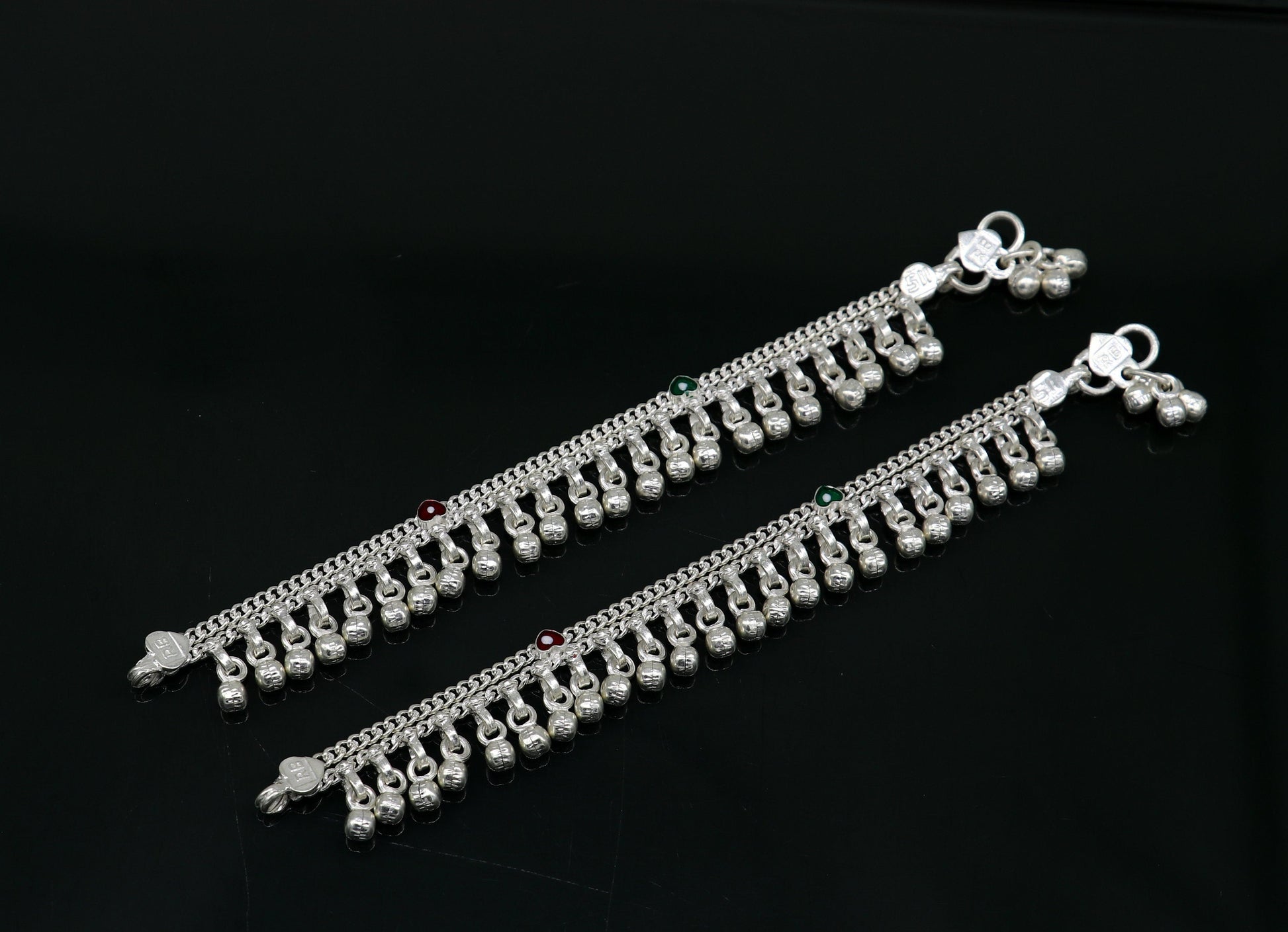 5" handmade solid sterling silver waved jingling bells noisy anklets, excellent gifting baby foot bracelet charm kids jewelry ank362 - TRIBAL ORNAMENTS