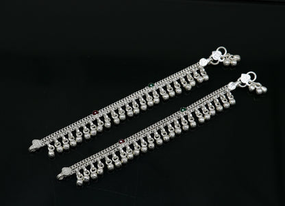 Handmade 5-inch sterling silver anklet with waved jingling bells, perfect as a baby foot bracelet charm and kids jewelry by Tribal Ornaments.