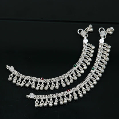 Handmade sterling silver anklet with waved jingling bells, perfect for kids and baby foot jewelry, by Tribal Ornaments.