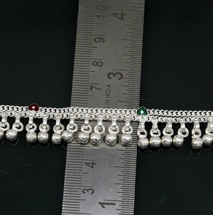 Handmade 5-inch sterling silver anklet with waved jingling bells, perfect as a baby foot bracelet or kids jewelry charm.