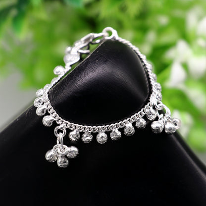 Sterling silver baby ankle bracelet with dainty charm, handmade, 5 inches long, unisex, elegant design by TRIBAL ORNAMENTS.