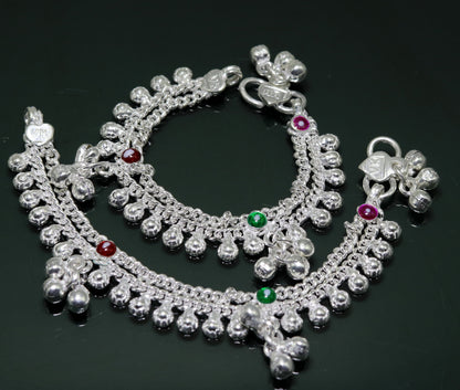 Sterling silver double chain ankle bracelet with jingling bells and charm, designed for newborn babies, by TRIBAL ORNAMENTS.