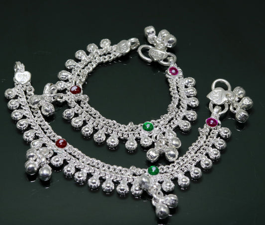 5" inches Sterling silver double chain chain ankle bracelet new born baby anklet jingling noisy sound bells charm anklets jewelry ank196 - TRIBAL ORNAMENTS