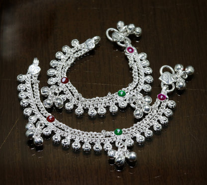 Sterling silver double chain ankle bracelet for babies with jingling bell charms, featuring noisy sound bells and delicate jewelry design.