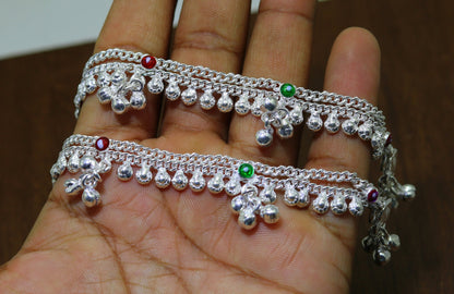 Sterling silver 5-inch double chain baby ankle bracelet with jingling bells and charm, suitable for newborns and infants.