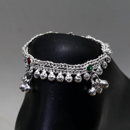 Sterling silver double chain baby ankle bracelet with jingling bell charms, designed for newborns, by TRIBAL ORNAMENTS.
