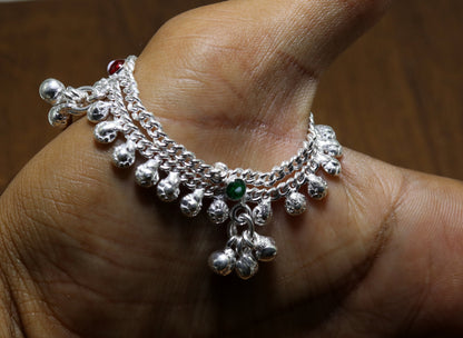 Sterling silver double chain baby ankle bracelet with jingling bells and charm, designed for newborns, by Tribal Ornaments.