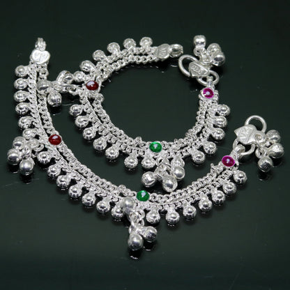 Sterling silver double chain baby ankle bracelet with jingling bells and charm, designed for newborns, by TRIBAL ORNAMENTS.