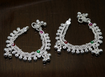 Sterling silver double chain ankle bracelet with jingling bells and charm, designed for newborn babies, from TRIBAL ORNAMENTS.