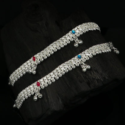 Sterling silver handmade baby ankle bracelet with jingling charm, tribal ornaments 5-inch ankle jewelry for newborns.