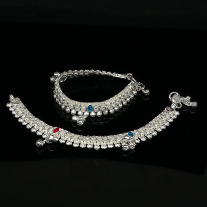 Sterling silver handmade baby ankle bracelet with jingling charm, 5-inch length, tribal ornaments jewelry for newborns
