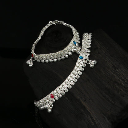 Sterling silver handmade anklet with jingling charm for newborn babies, tribal ornament jewelry, 5-inch ankle bracelet.