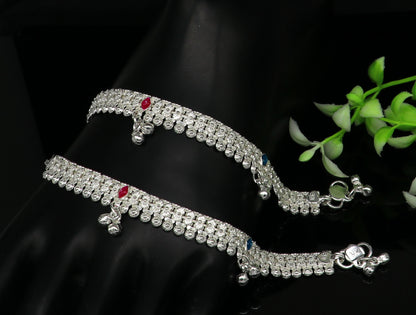 Sterling silver handmade baby ankle bracelet with jingling charm, 5-inch length, tribal ornaments jewelry for newborns