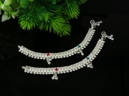 Sterling silver handmade baby ankle bracelet with jingling charm, 5-inch tribal ornament jewelry for newborns.