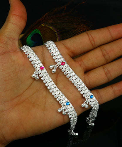 Sterling silver handmade baby ankle bracelet with jingling charm, 5-inch length, tribal design, new born baby anklet jewelry