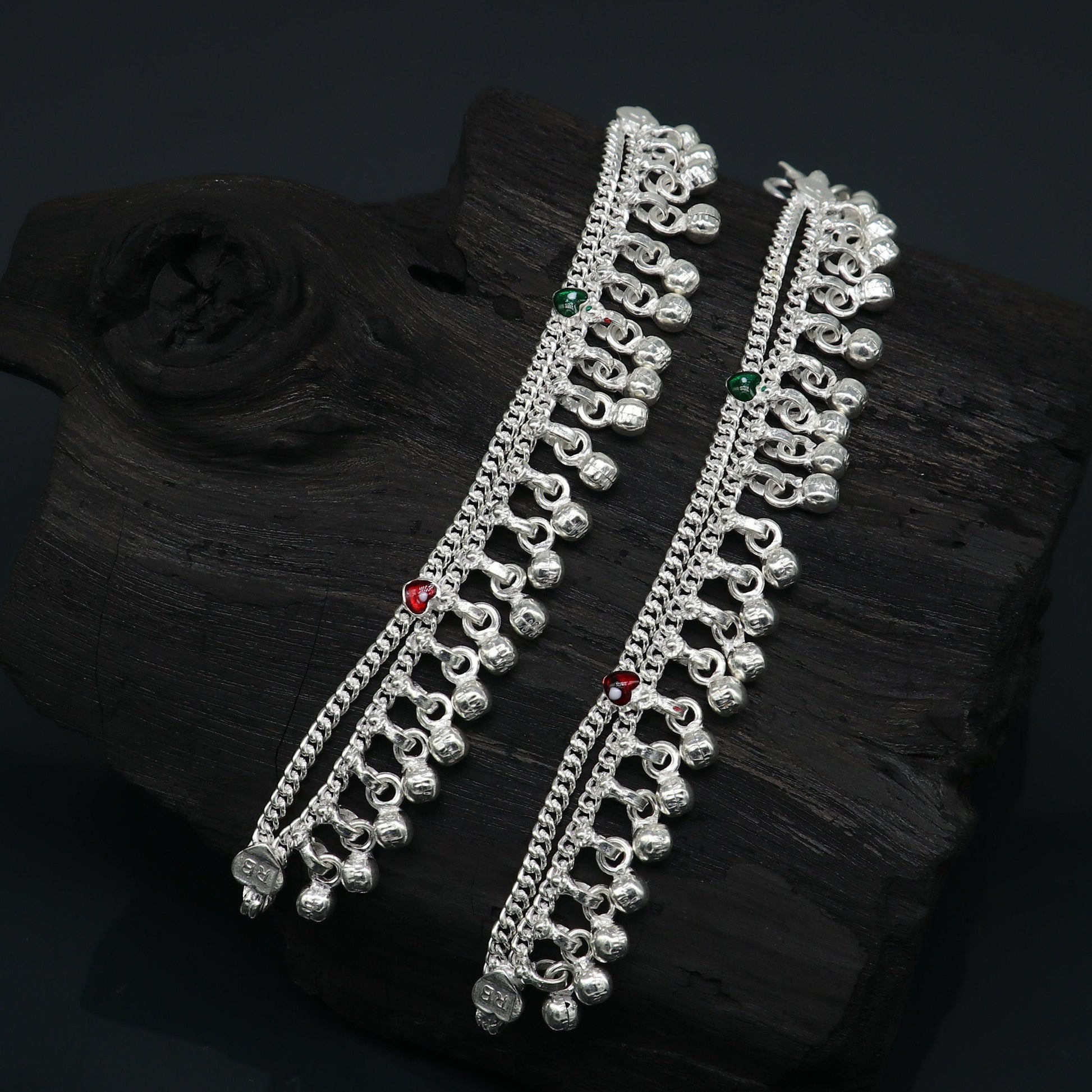 5" long Sterling silver customized baby anklets, stunning hanging waved jingling bells, charming noisy ankle bracelet kids jewelry ank410 - TRIBAL ORNAMENTS