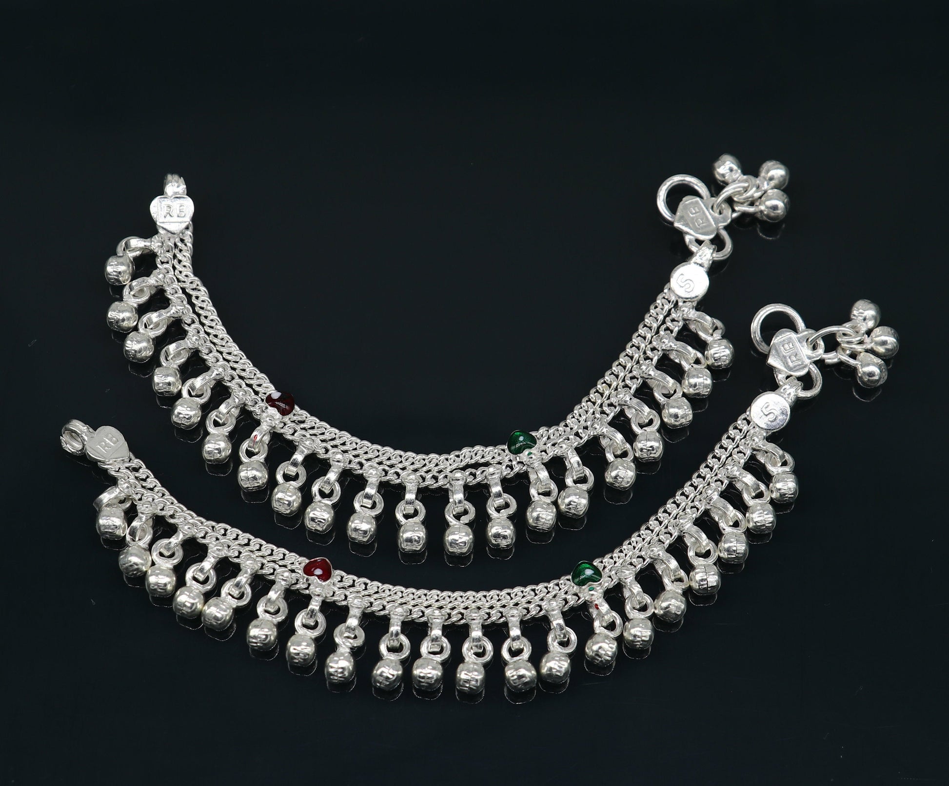 5" long Sterling silver customized baby anklets, stunning hanging waved jingling bells, charming noisy ankle bracelet kids jewelry ank410 - TRIBAL ORNAMENTS