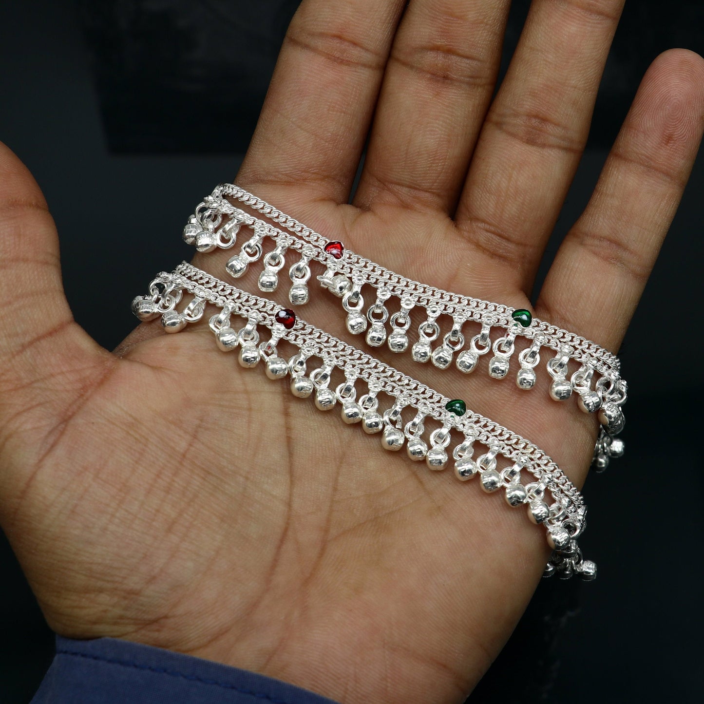 5" long Sterling silver customized baby anklets, stunning hanging waved jingling bells, charming noisy ankle bracelet kids jewelry ank410 - TRIBAL ORNAMENTS