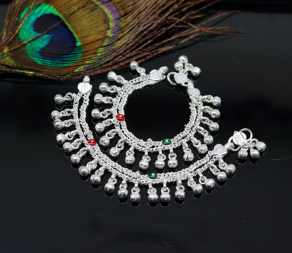 Tribal Ornaments 5-inch newborn baby anklet with double chain and jingle bells, unisex shiny kids jewelry ankle bracelet.