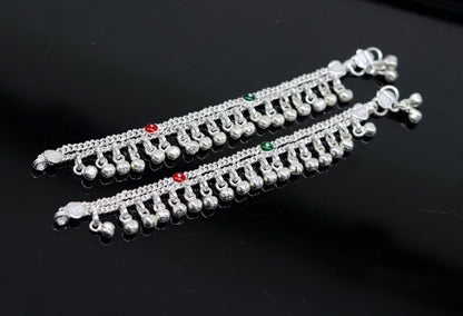 Tribal Ornaments 5-inch newborn baby anklet with double chain and jingle bells, unisex shiny kids jewelry ankle bracelet.