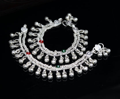 Tribal Ornaments 5-inch newborn baby anklet with double chain and jingle bells, shiny unisex kids jewelry ankle bracelet.