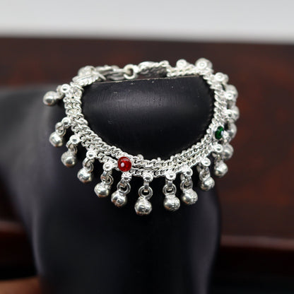 Tribal Ornaments 5-inch newborn baby anklet with double chain and jingle bells, unisex gift jewelry for kids, shiny and charming.